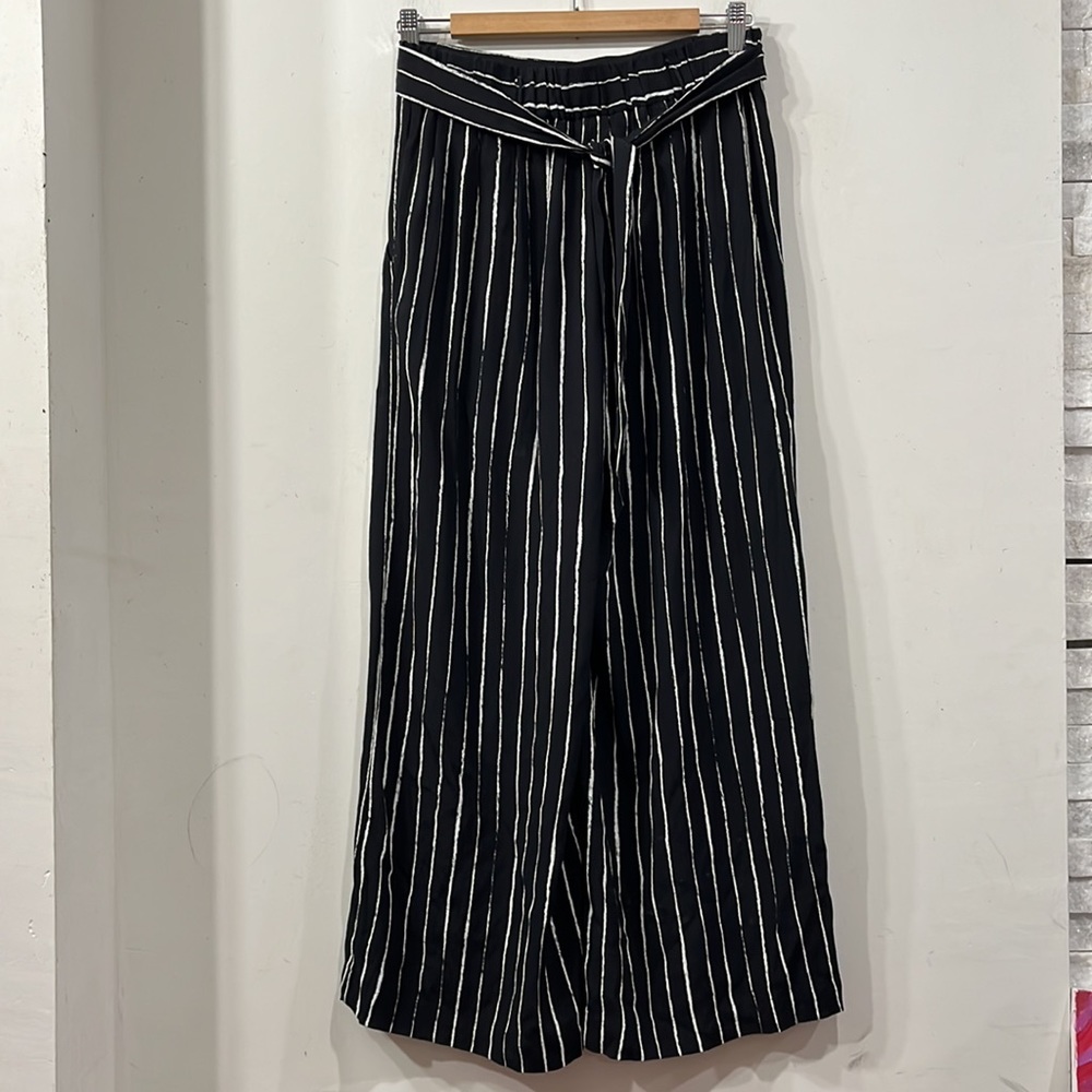 Wilfred Aritzia Faun Stripe Wide Leg Pant Tie Back Pull On Black/ White M - Picture 9 of 13